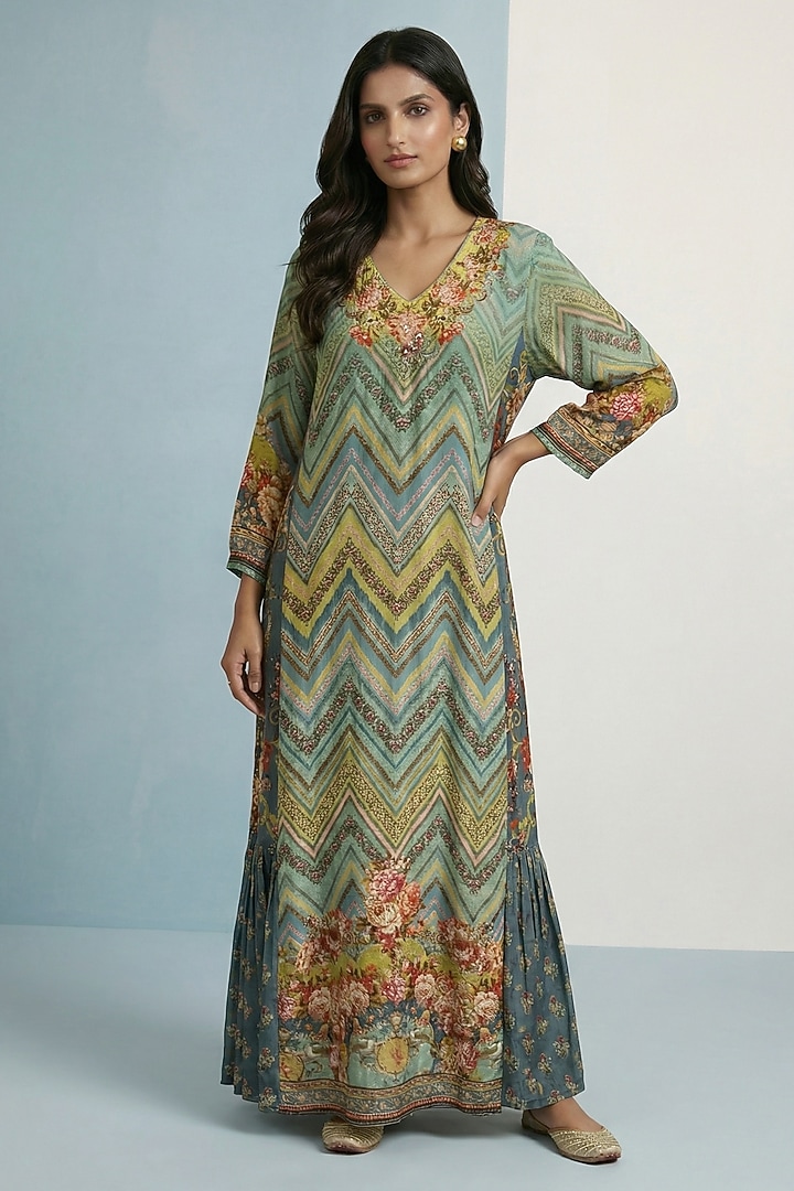 Green Viscose Crepe Floral Printed Jalabiya Vacation Dress by Kalista at Pernia's Pop Up Shop