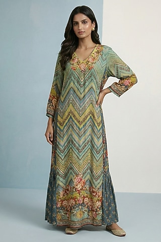 Green Viscose Crepe Floral Printed Jalabiya Dress by Kalista