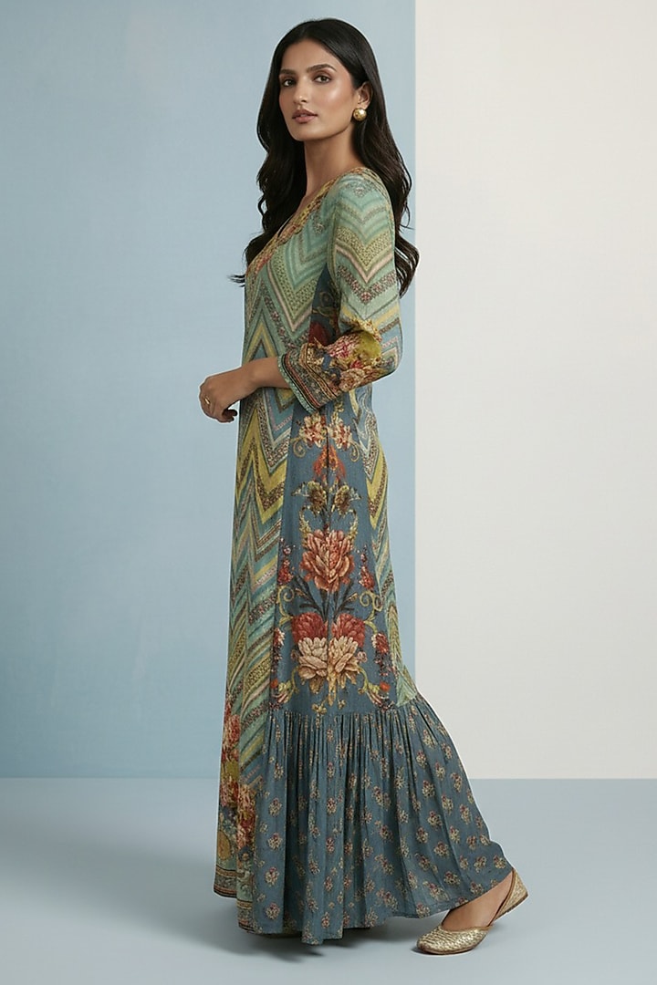 Green Viscose Crepe Floral Printed Jalabiya Vacation Dress by Kalista at Pernia's Pop Up Shop