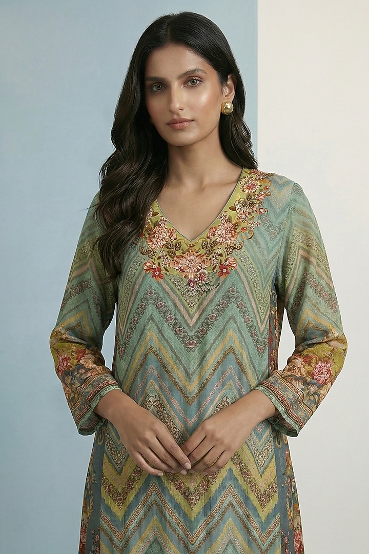 Green Viscose Crepe Floral Printed Jalabiya Vacation Dress by Kalista at Pernia's Pop Up Shop