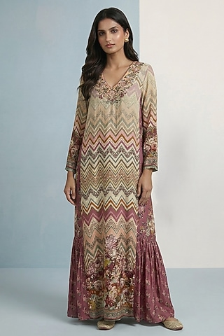 Ivory Viscose Crepe Floral Printed Jalabiya Dress by Kalista