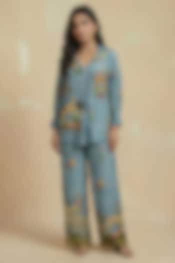 Aqua Viscose Crepe Floral Printed Co-Ord Set by Kalista at Pernia's Pop Up Shop