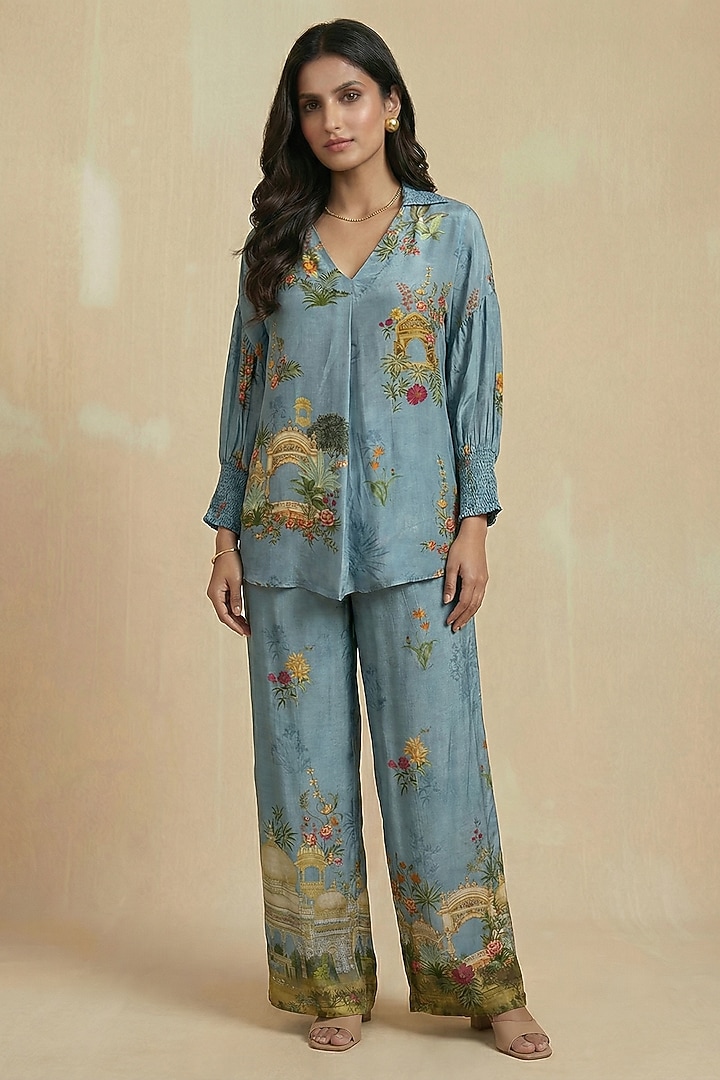 Aqua Viscose Crepe Floral Printed Co-Ord Set by Kalista at Pernia's Pop Up Shop