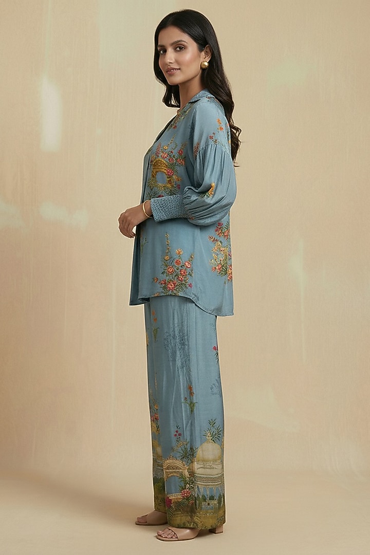 Aqua Viscose Crepe Floral Printed Co-Ord Set by Kalista at Pernia's Pop Up Shop