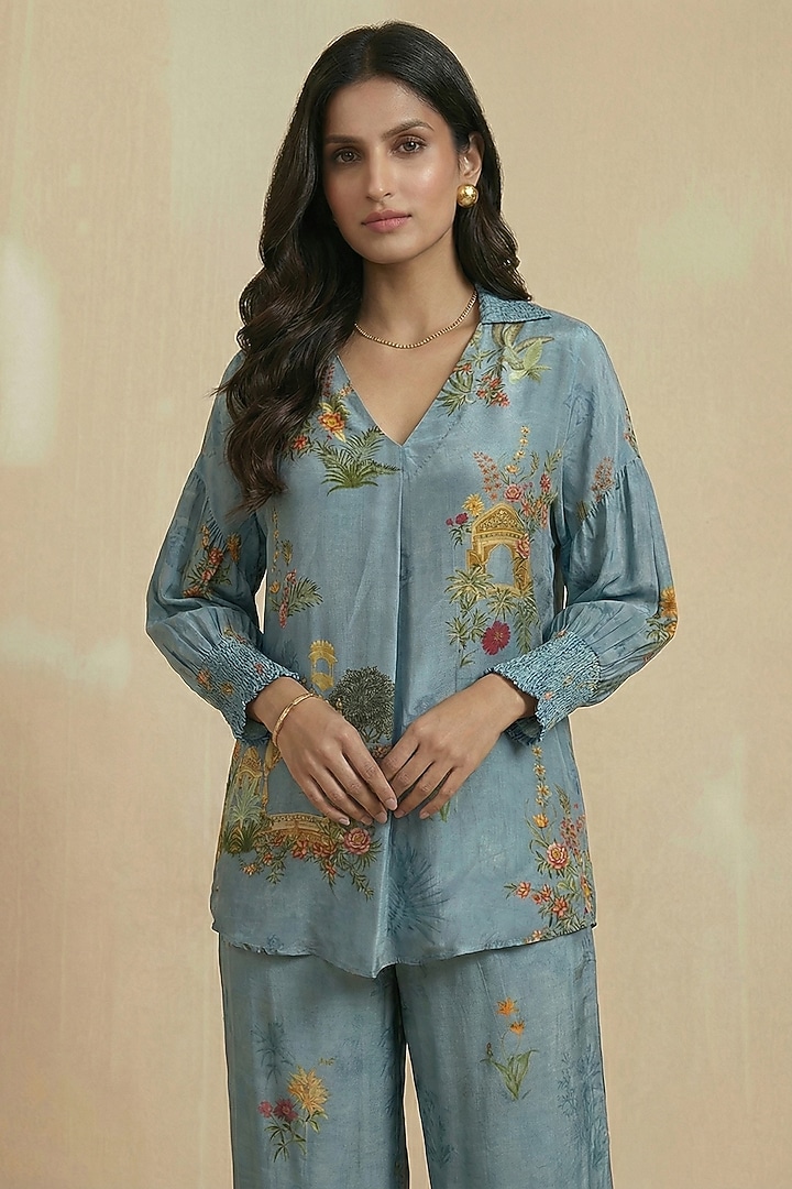 Aqua Viscose Crepe Floral Printed Co-Ord Set by Kalista at Pernia's Pop Up Shop