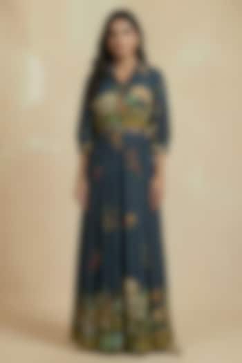 Persian Blue Viscose Crepe Floral Printed Jumpsuit by Kalista at Pernia's Pop Up Shop