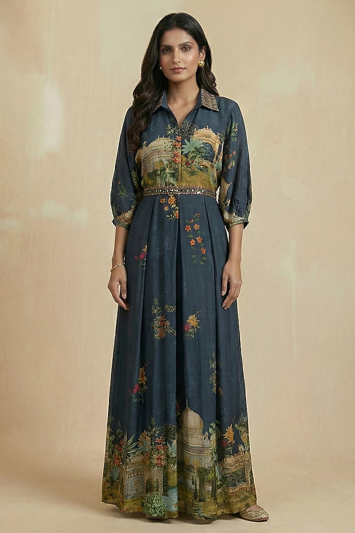 Persian Blue Viscose Crepe Floral Printed Jumpsuit by Kalista at Pernia's Pop Up Shop