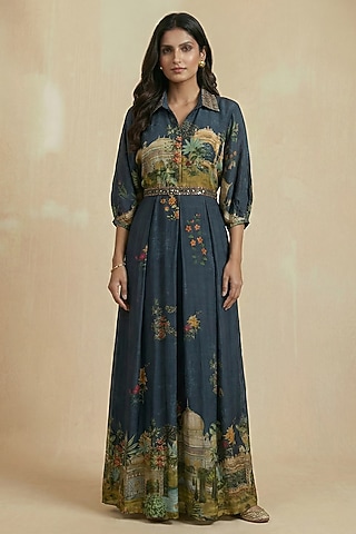 Persian Blue Viscose Crepe Floral Printed Jumpsuit by Kalista