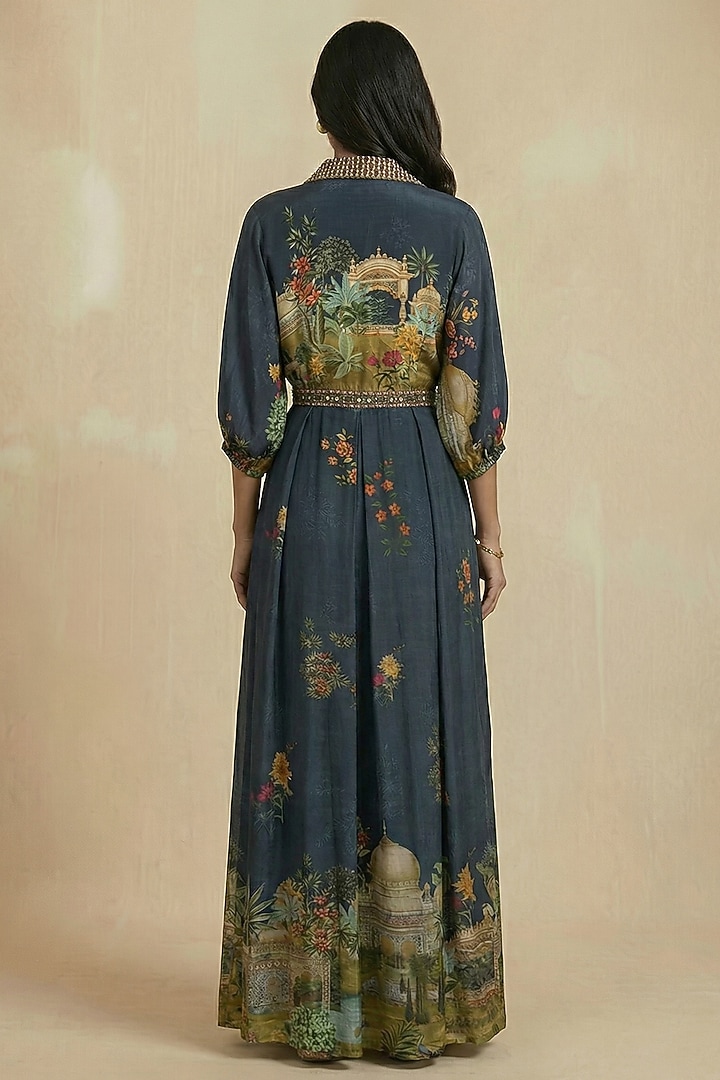 Persian Blue Viscose Crepe Floral Printed Jumpsuit by Kalista at Pernia's Pop Up Shop