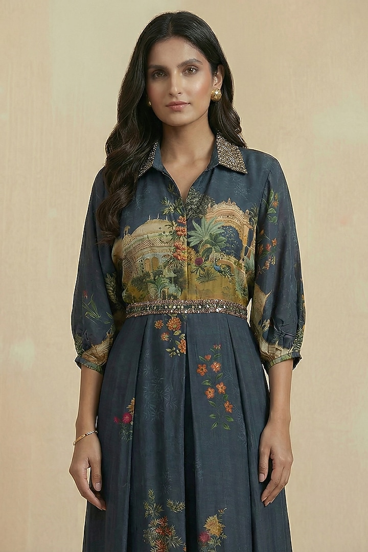 Persian Blue Viscose Crepe Floral Printed Jumpsuit by Kalista at Pernia's Pop Up Shop