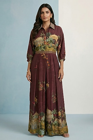 Dark Brown Viscose Crepe Floral Printed Jumpsuit by Kalista
