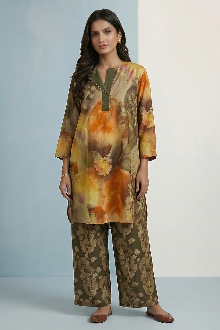 Dark Olive Green Pure Cotton Floral Printed Tunic Set by Kalista at Pernia's Pop Up Shop