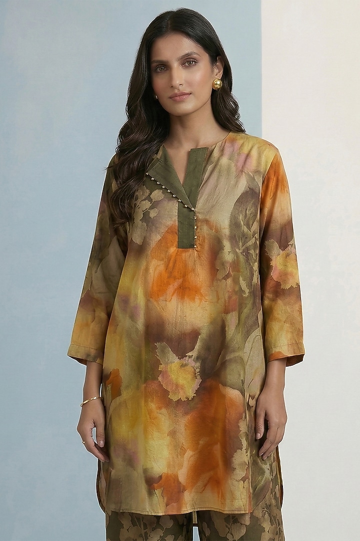 Dark Olive Green Pure Cotton Floral Printed Tunic Set by Kalista at Pernia's Pop Up Shop