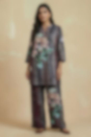 Slate Grey Pure Cotton Floral Printed Straight-Cut Tunic Set by Kalista at Pernia's Pop Up Shop
