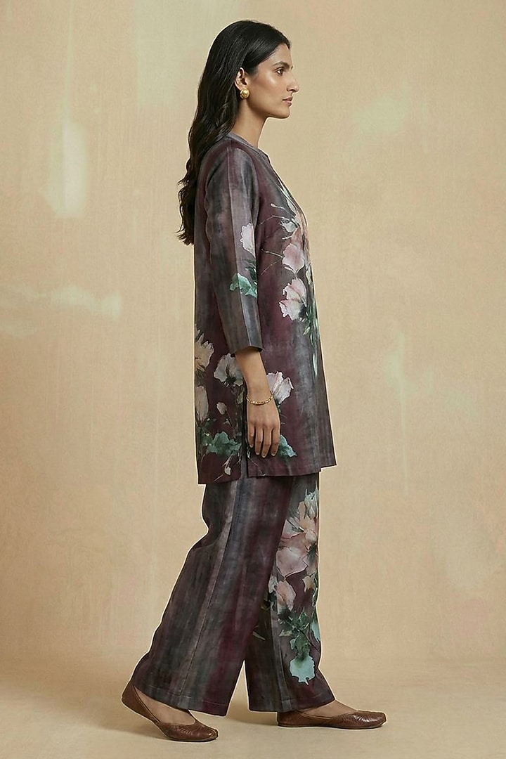 Slate Grey Pure Cotton Floral Printed Straight-Cut Tunic Set by Kalista at Pernia's Pop Up Shop