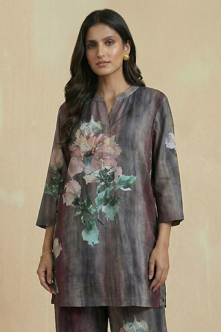 Slate Grey Pure Cotton Floral Printed Straight-Cut Tunic Set by Kalista at Pernia's Pop Up Shop