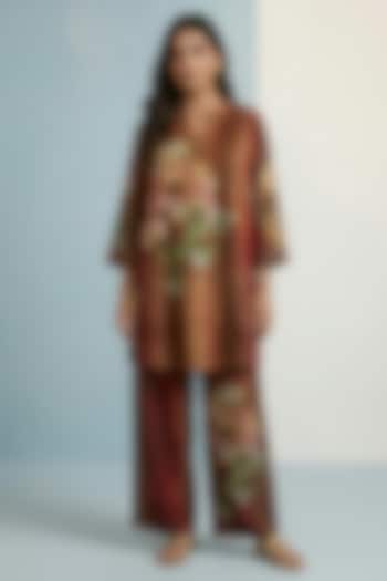 Mocha Brown Pure Cotton Floral Printed Straight-Cut Tunic Set by Kalista at Pernia's Pop Up Shop
