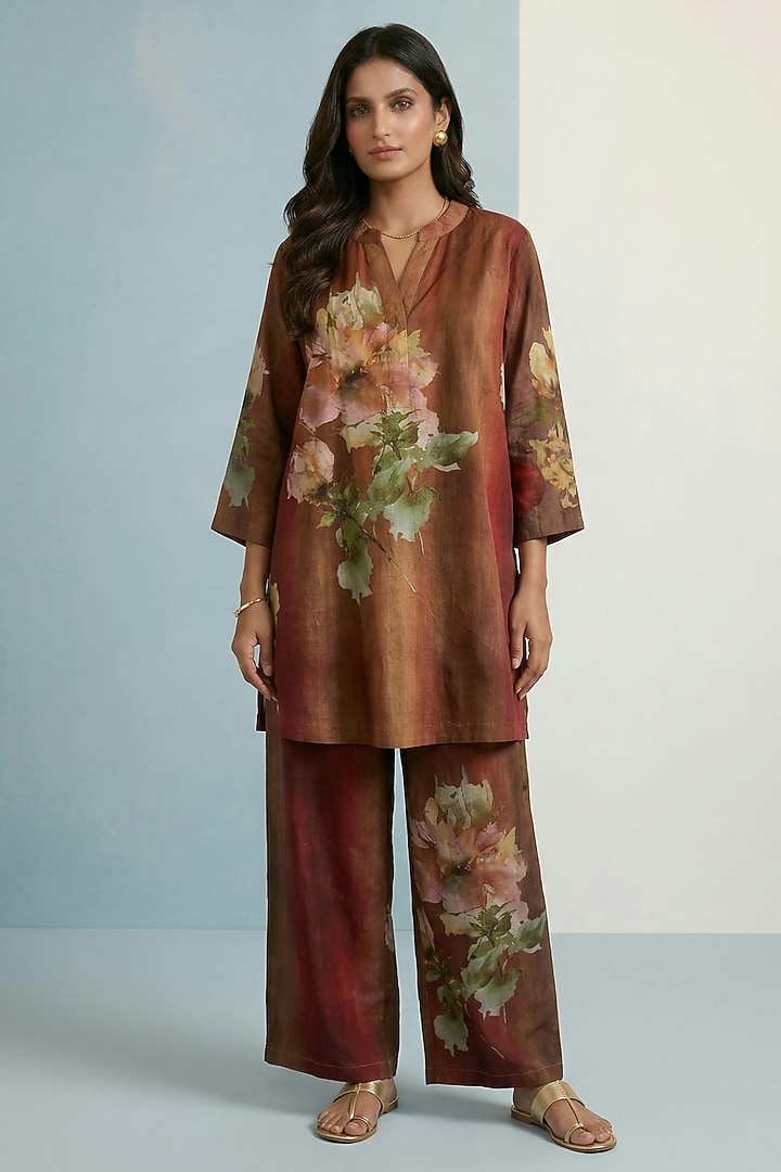 Mocha Brown Pure Cotton Floral Printed Straight-Cut Tunic Set by Kalista at Pernia's Pop Up Shop