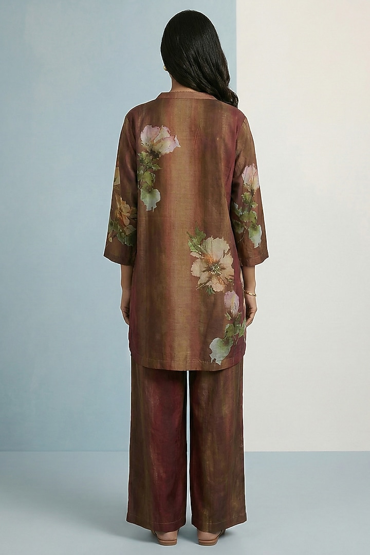Mocha Brown Pure Cotton Floral Printed Straight-Cut Tunic Set by Kalista at Pernia's Pop Up Shop