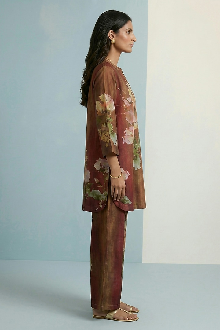 Mocha Brown Pure Cotton Floral Printed Straight-Cut Tunic Set by Kalista at Pernia's Pop Up Shop