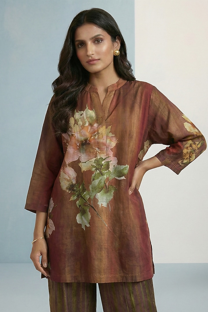 Mocha Brown Pure Cotton Floral Printed Straight-Cut Tunic Set by Kalista at Pernia's Pop Up Shop