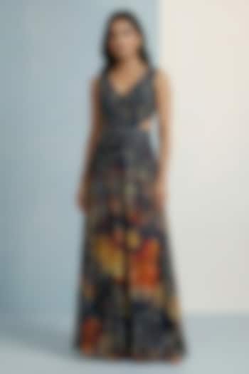 Midnight Blue Viscose Crepe Floral Printed Jumpsuit by Kalista at Pernia's Pop Up Shop