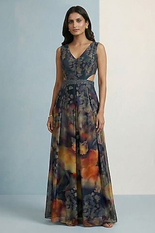 Midnight Blue Viscose Crepe Floral Printed Jumpsuit by Kalista