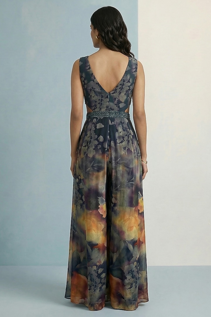 Midnight Blue Viscose Crepe Floral Printed Jumpsuit by Kalista at Pernia's Pop Up Shop