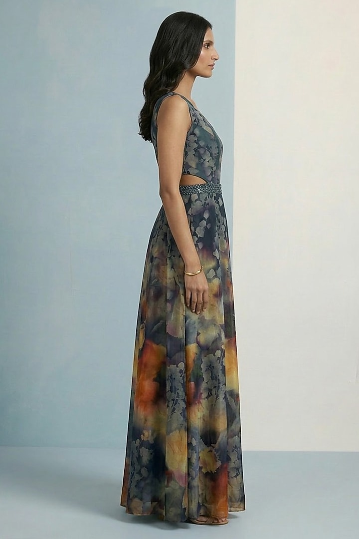 Midnight Blue Viscose Crepe Floral Printed Jumpsuit by Kalista at Pernia's Pop Up Shop
