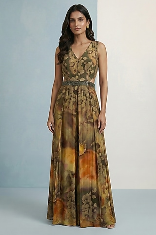 Olive Green Viscose Crepe Floral Printed Jumpsuit by Kalista