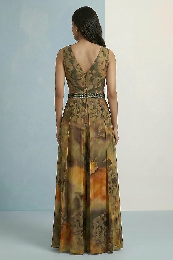 Olive Green Viscose Crepe Floral Printed Jumpsuit by Kalista at Pernia's Pop Up Shop