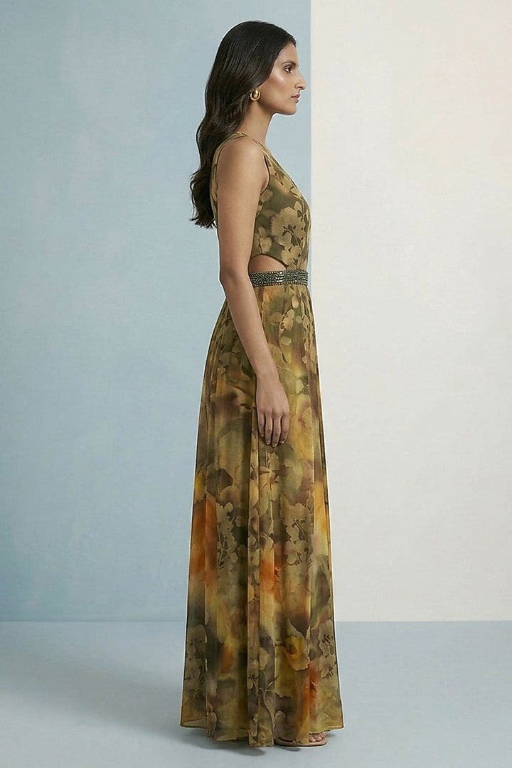 Olive Green Viscose Crepe Floral Printed Jumpsuit by Kalista at Pernia's Pop Up Shop