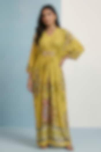 Lemon Yellow Viscose Crepe Floral Printed Kaftan Summer Dress by Kalista at Pernia's Pop Up Shop