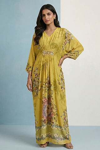 Lemon Yellow Viscose Crepe Floral Printed Kaftan Dress by Kalista