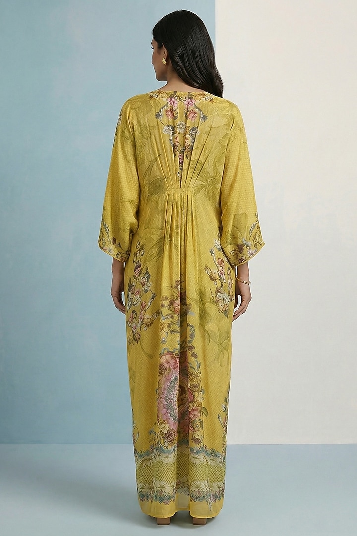 Lemon Yellow Viscose Crepe Floral Printed Kaftan Summer Dress by Kalista at Pernia's Pop Up Shop