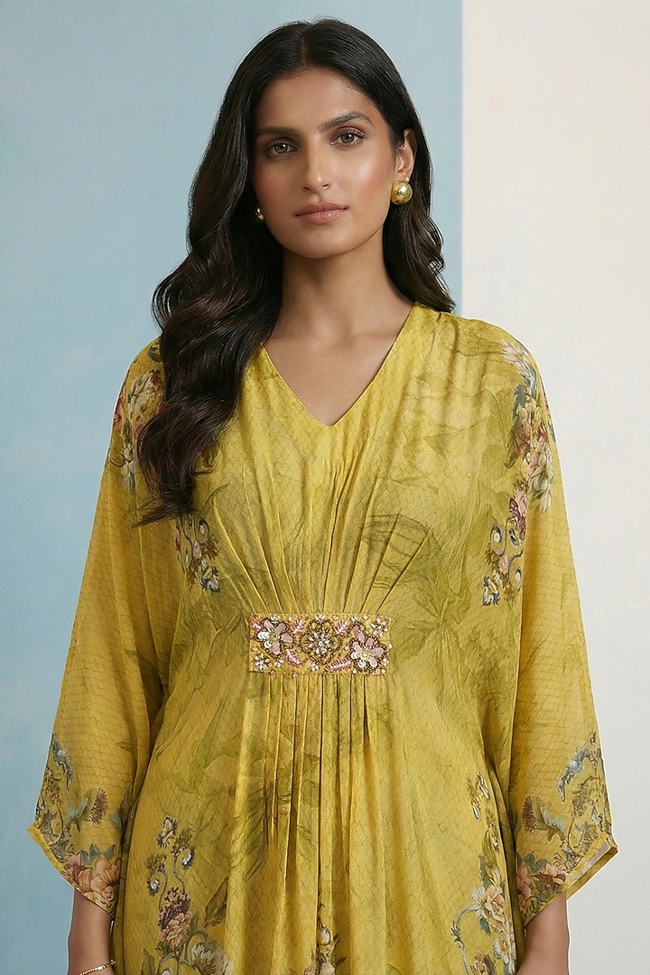 Lemon Yellow Viscose Crepe Floral Printed Kaftan Summer Dress by Kalista at Pernia's Pop Up Shop