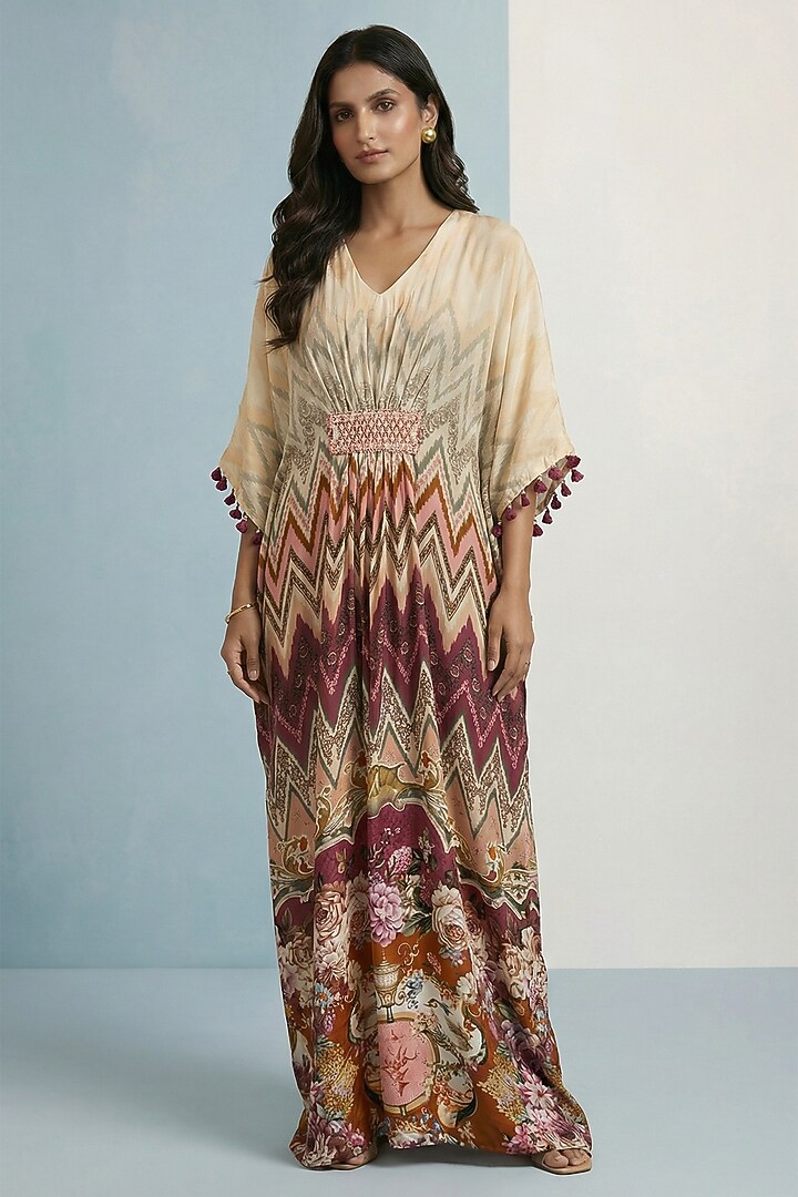 Ivory Viscose Crepe Chevron Printed Kaftan by Kalista at Pernia's Pop Up Shop