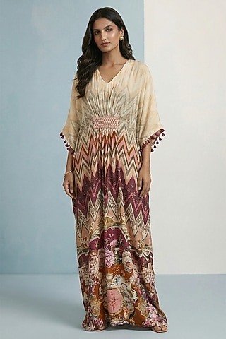Ivory Viscose Crepe Chevron Printed Kaftan by Kalista