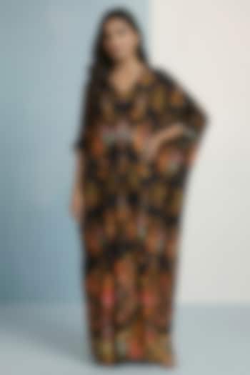 Black Viscose Crepe Floral Printed Kaftan by Kalista at Pernia's Pop Up Shop