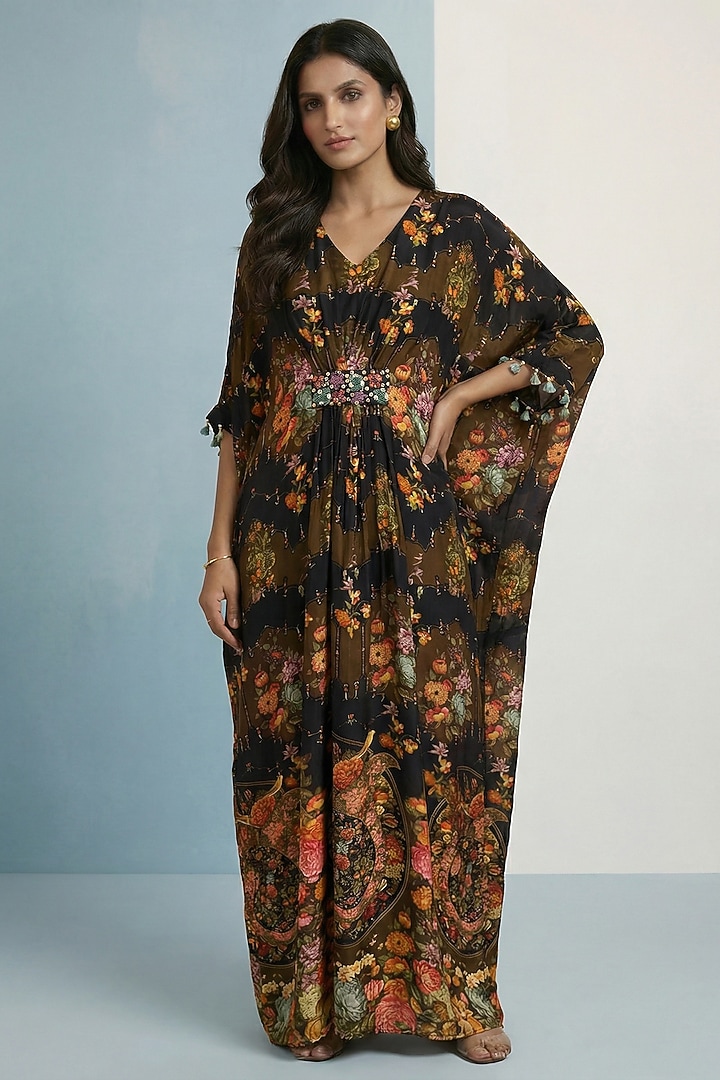 Black Viscose Crepe Floral Printed Kaftan by Kalista at Pernia's Pop Up Shop