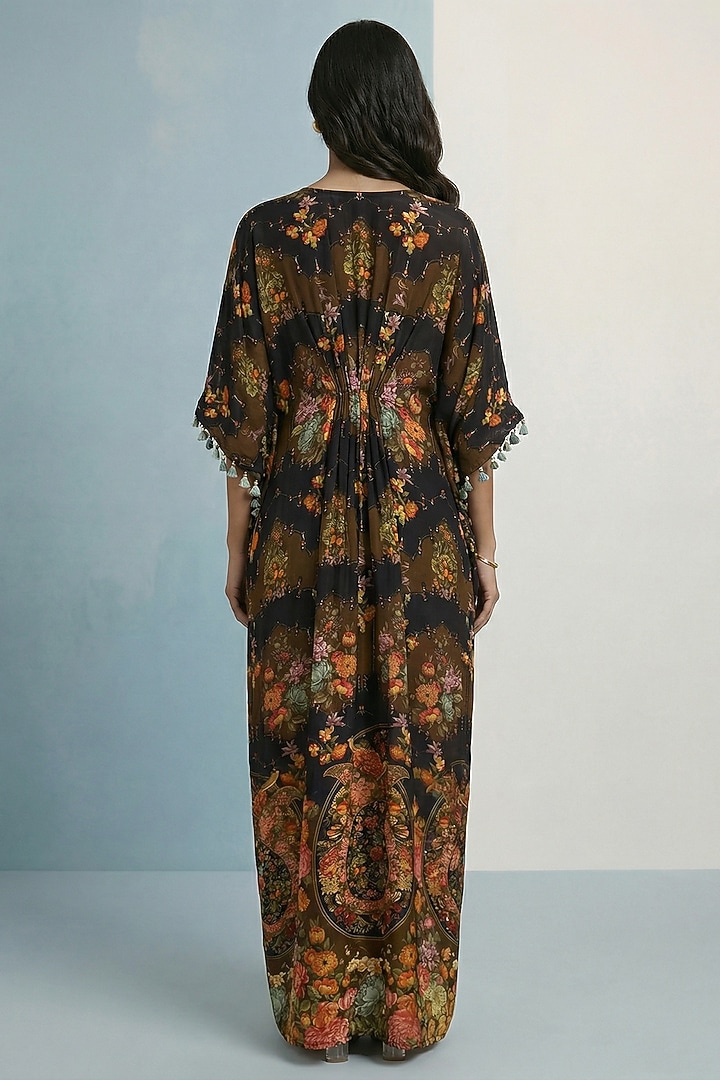 Black Viscose Crepe Floral Printed Kaftan by Kalista at Pernia's Pop Up Shop