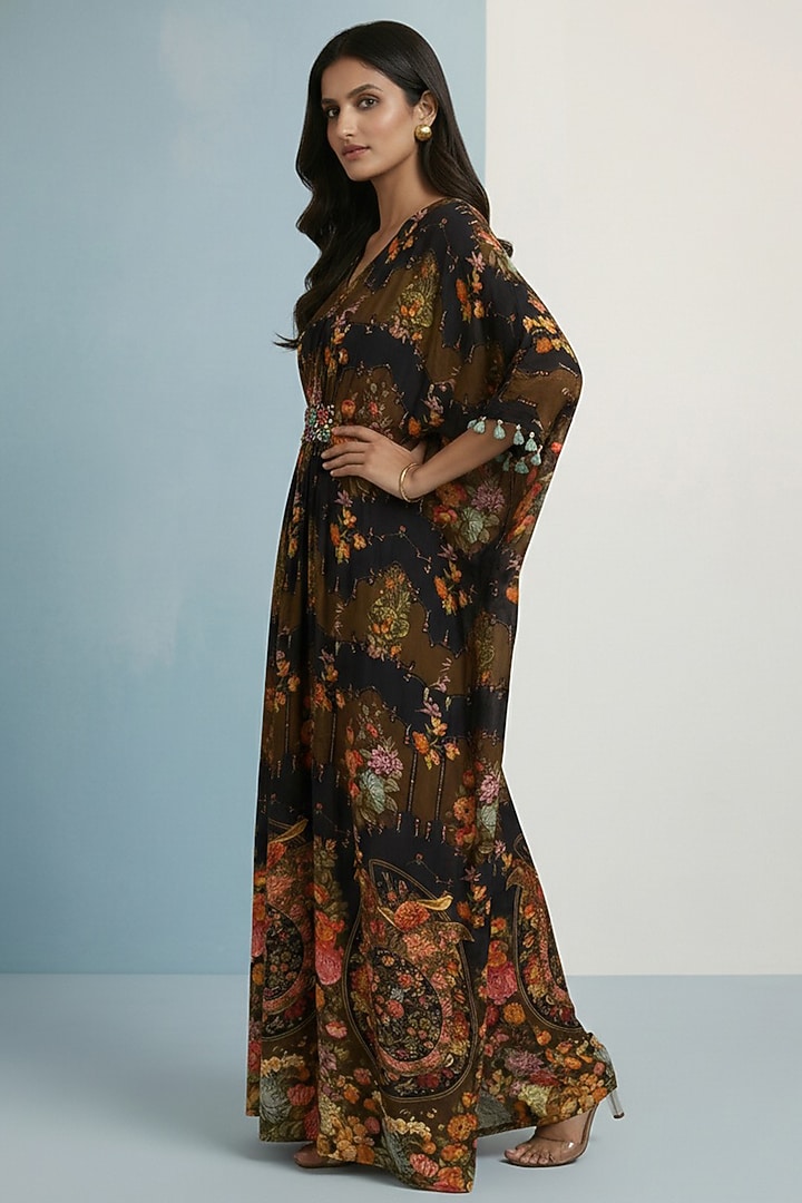 Black Viscose Crepe Floral Printed Kaftan by Kalista at Pernia's Pop Up Shop