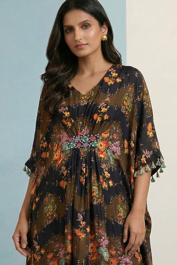 Black Viscose Crepe Floral Printed Kaftan by Kalista at Pernia's Pop Up Shop