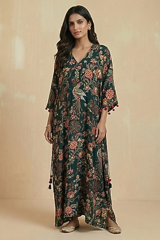Emerald Green Viscose Crepe Floral Printed Kaftan by Kalista