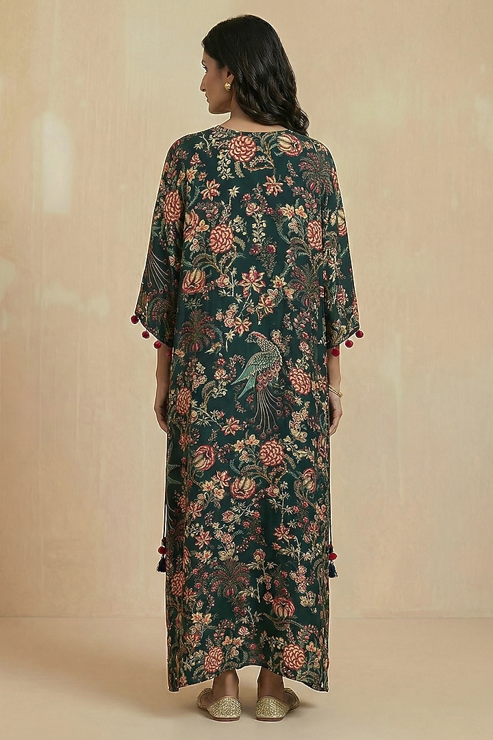Emerald Green Viscose Crepe Floral Printed Kaftan by Kalista at Pernia's Pop Up Shop