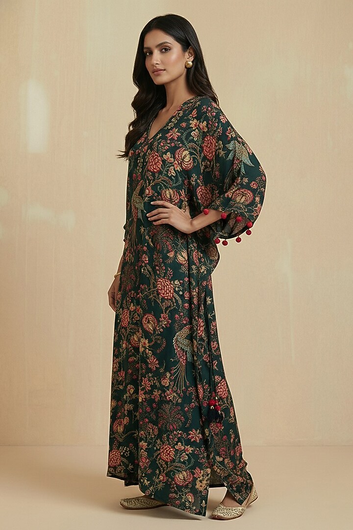 Emerald Green Viscose Crepe Floral Printed Kaftan by Kalista at Pernia's Pop Up Shop