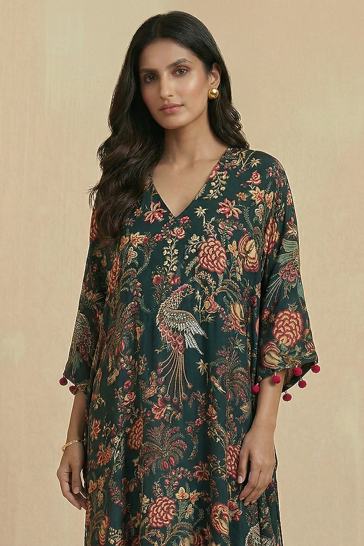 Emerald Green Viscose Crepe Floral Printed Kaftan by Kalista at Pernia's Pop Up Shop