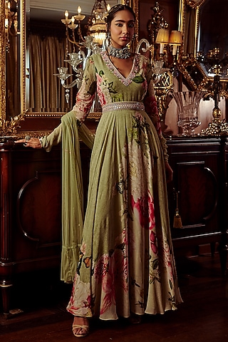 Pista Green Printed Anarkali Set by Kalista
