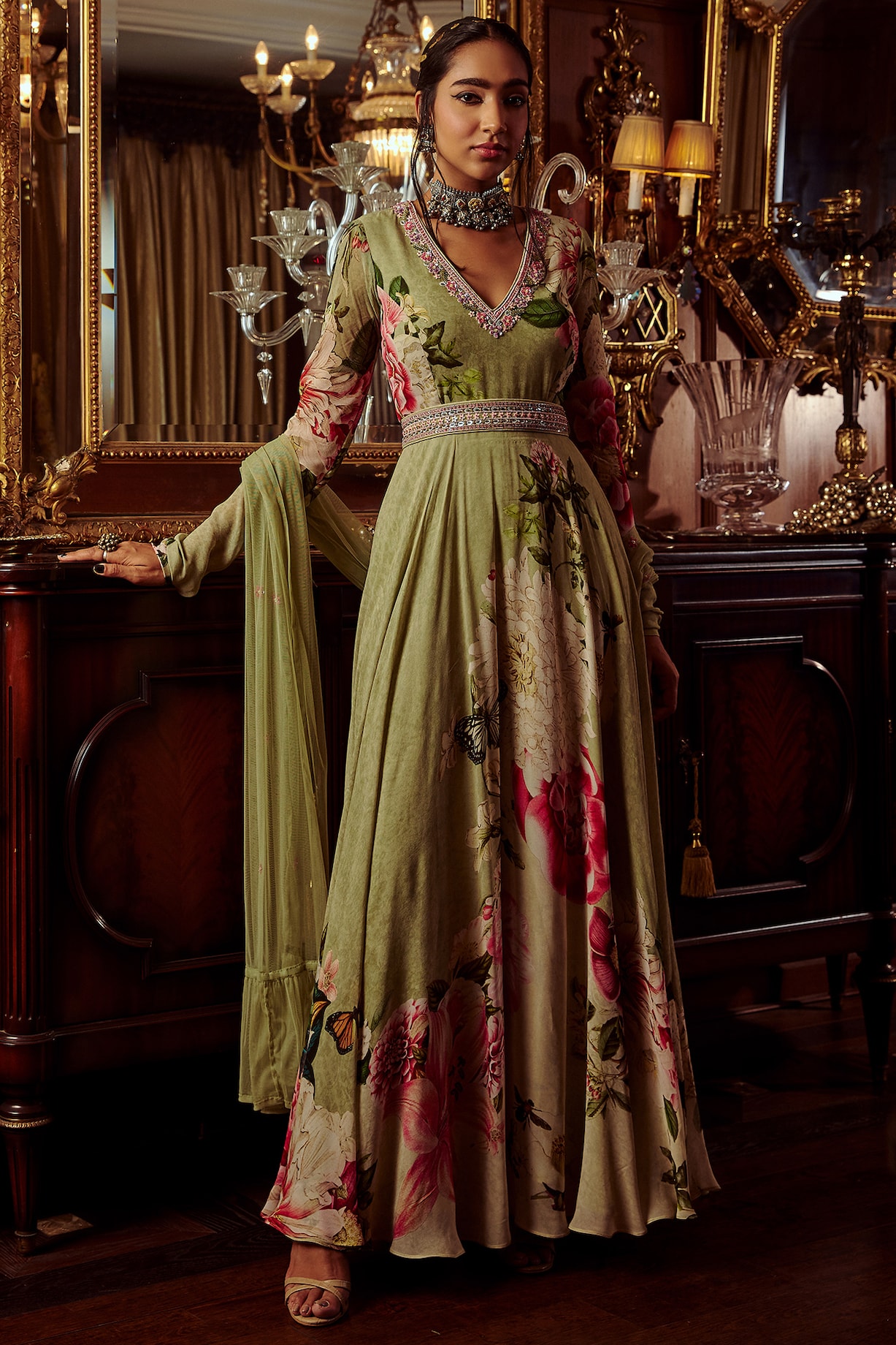 Gazala Pista Green Floral Anarkali Set