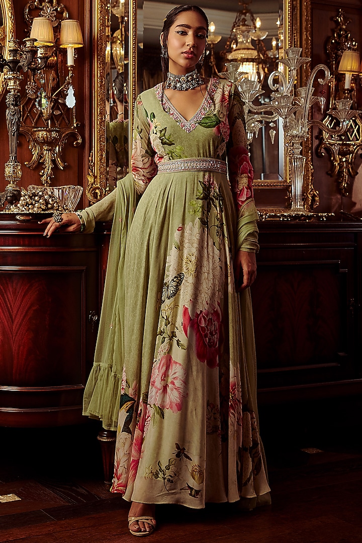 Pista Green Printed Wedding Anarkali Set by Kalista at Pernia's Pop Up Shop